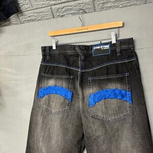 EVOLUTION IN DESIGN Mens Black Denim Jeans Embroidered Blue Pockets Size 34x32